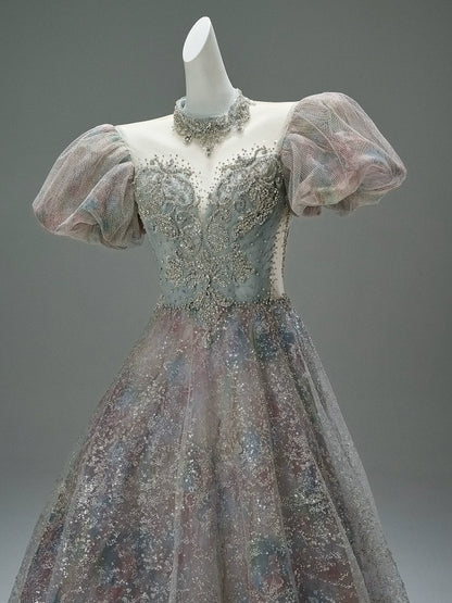 Light Drift Floral Tulle Gown with Puff Sleeves