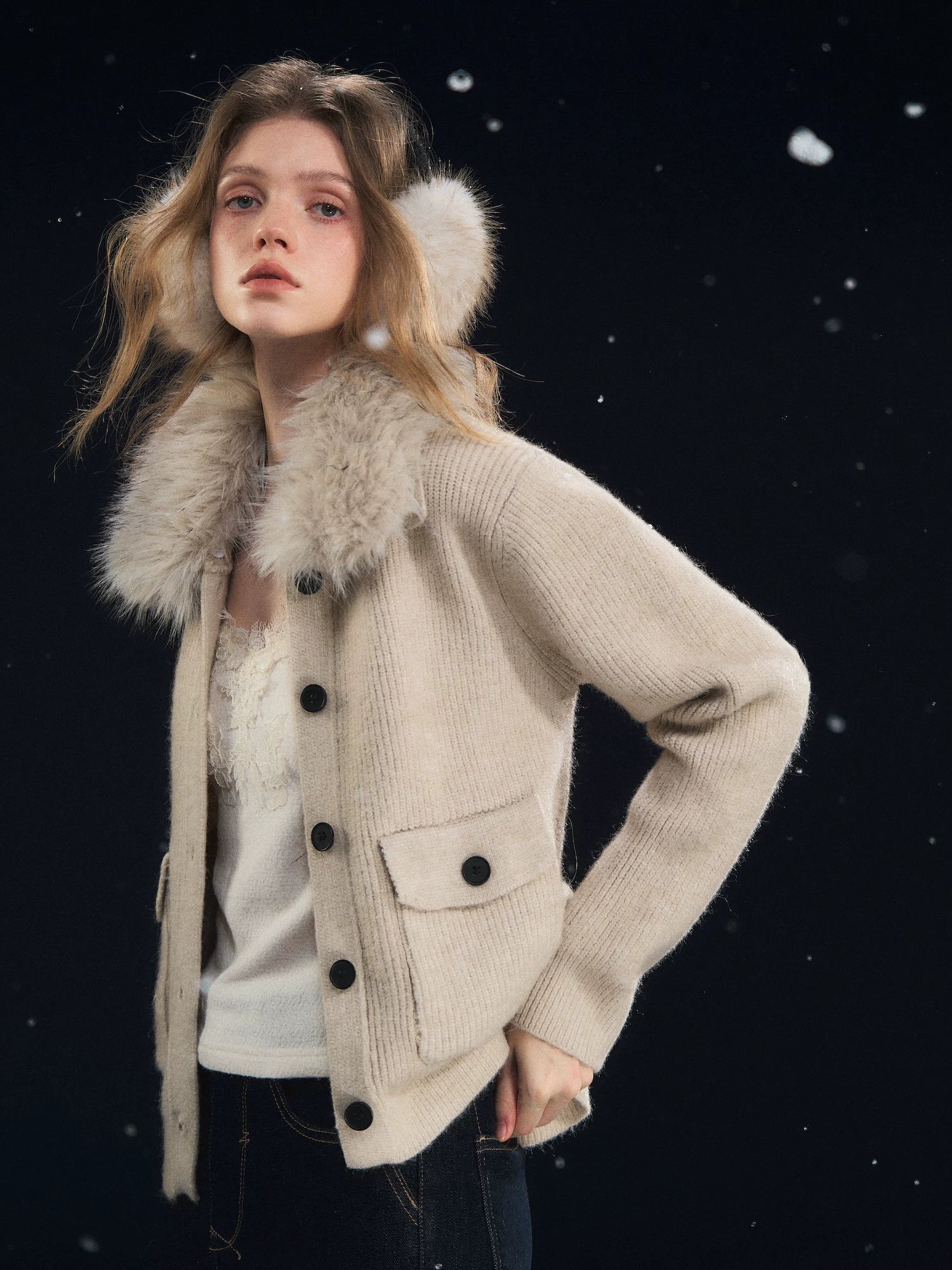 Detachable Fur Collar Ribbed Cardigan