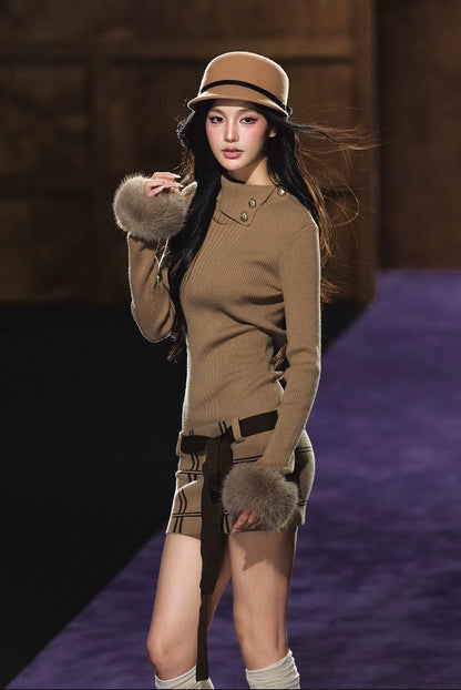 Faux Fur Cuff High-Neck Knit Dress