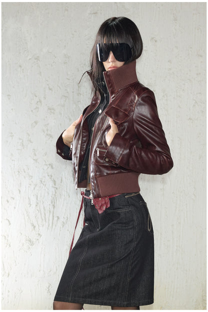Distressed Cropped Biker Leather Jacket