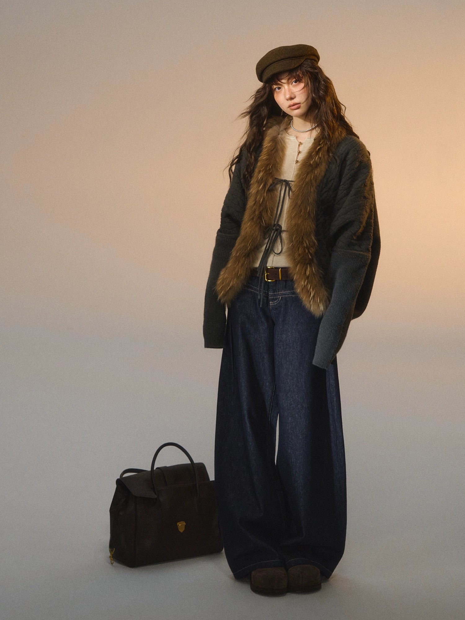 Tie-Detail Batwing Faux Fur Collar Sweater