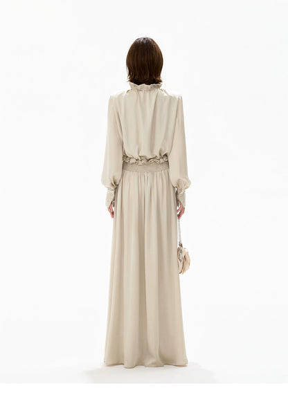 Elegant Ruffled Collar Satin Maxi Dress