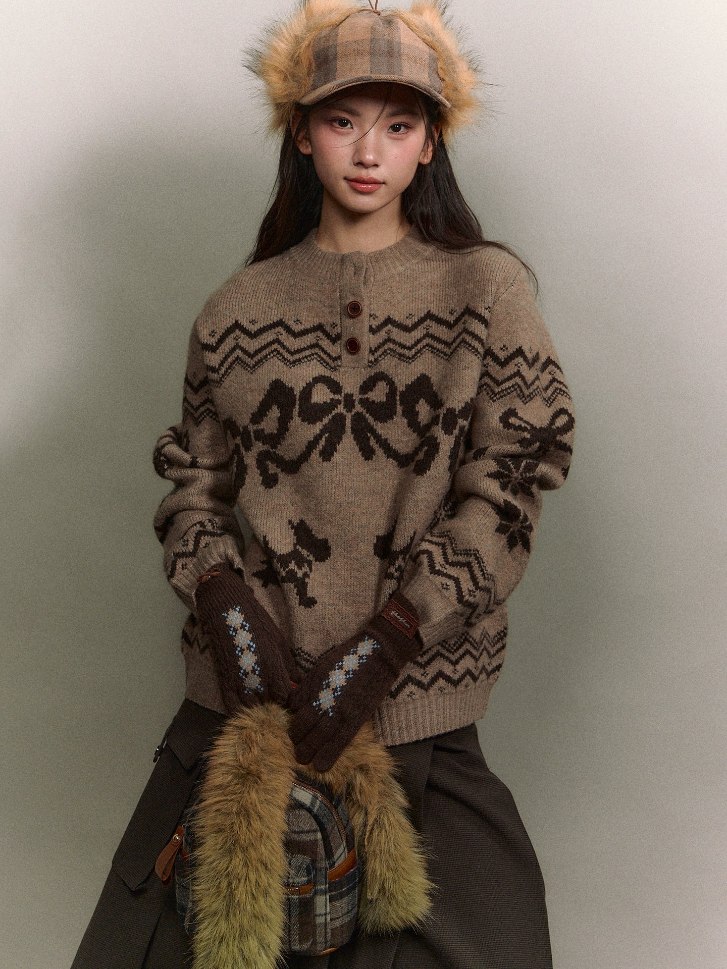 Fair Isle Bow Knit Henley Crewneck