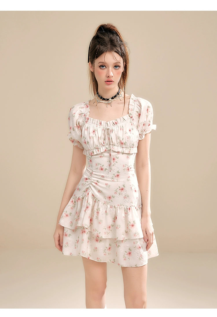 Cream Off-shoulder Puff Sleeve Floral Dress