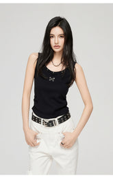 White & Black Butterfly Printed U-neck Tank Top - CHINASQUAD