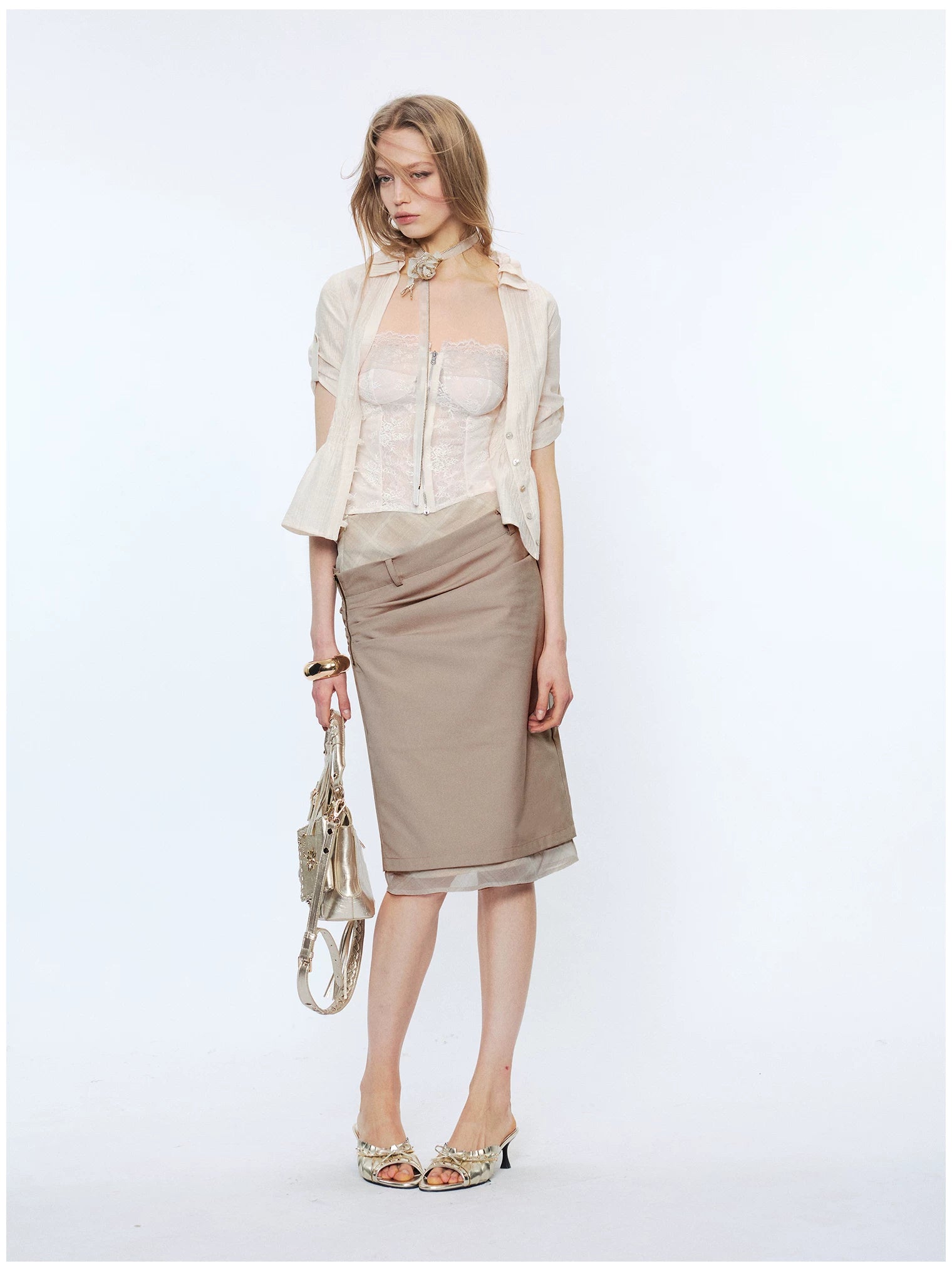 Contrast Lace Panel Two-Piece Shirt