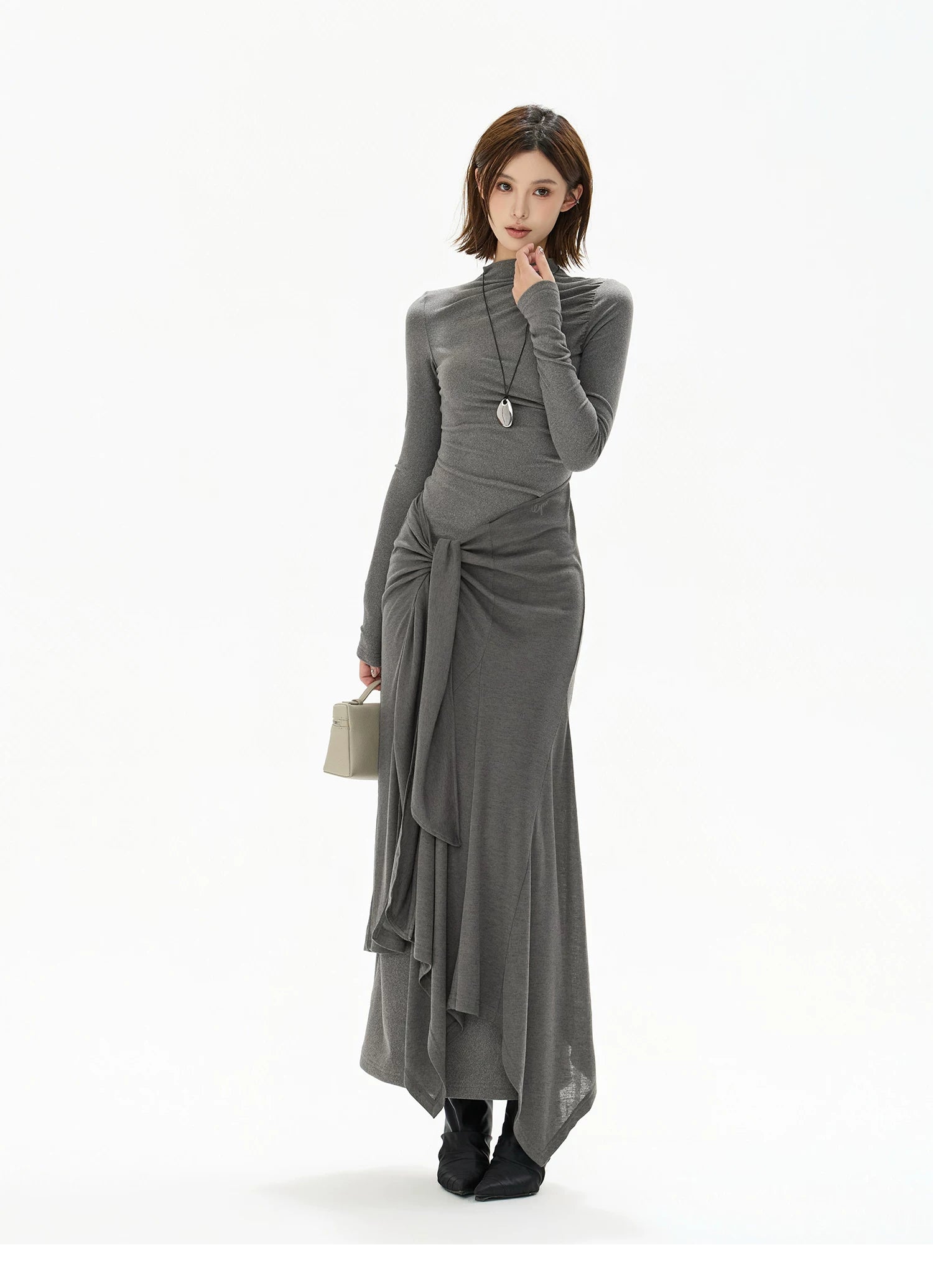 Half-High Neck Tie-Detail Knit Maxi Dress