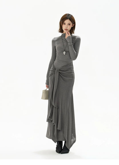 Half-High Neck Tie-Detail Knit Maxi Dress