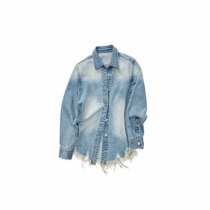 Vintage Washed Frayed Denim Fitted Shirt