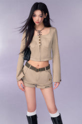 Square Neck Crop Blouse & Low-Rise Shorts Set - CHINASQUAD