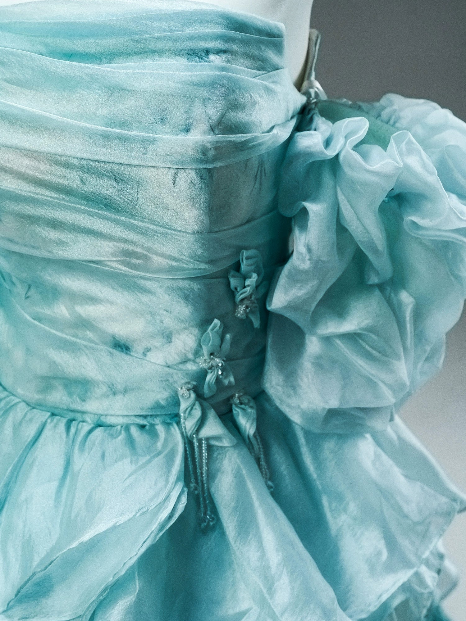 GULI Aqua Floral Tulle Gown with Ruffled Sleeves