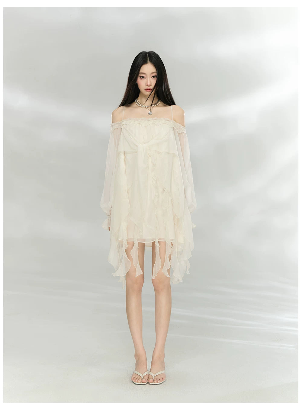 Lace-Trim Off-Shoulder Chiffon Dress