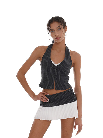 Grey Pinstriped Halter Vest Top &amp; Skirt Set