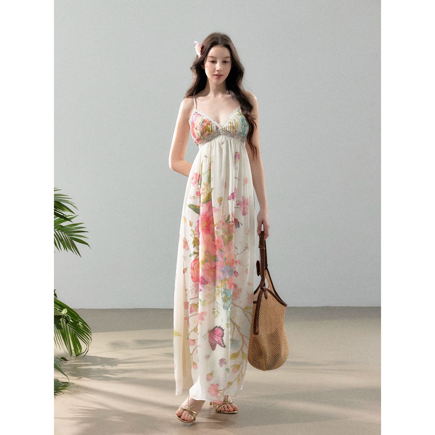 Blooming Vine Floral Chiffon Slip Maxi Dress