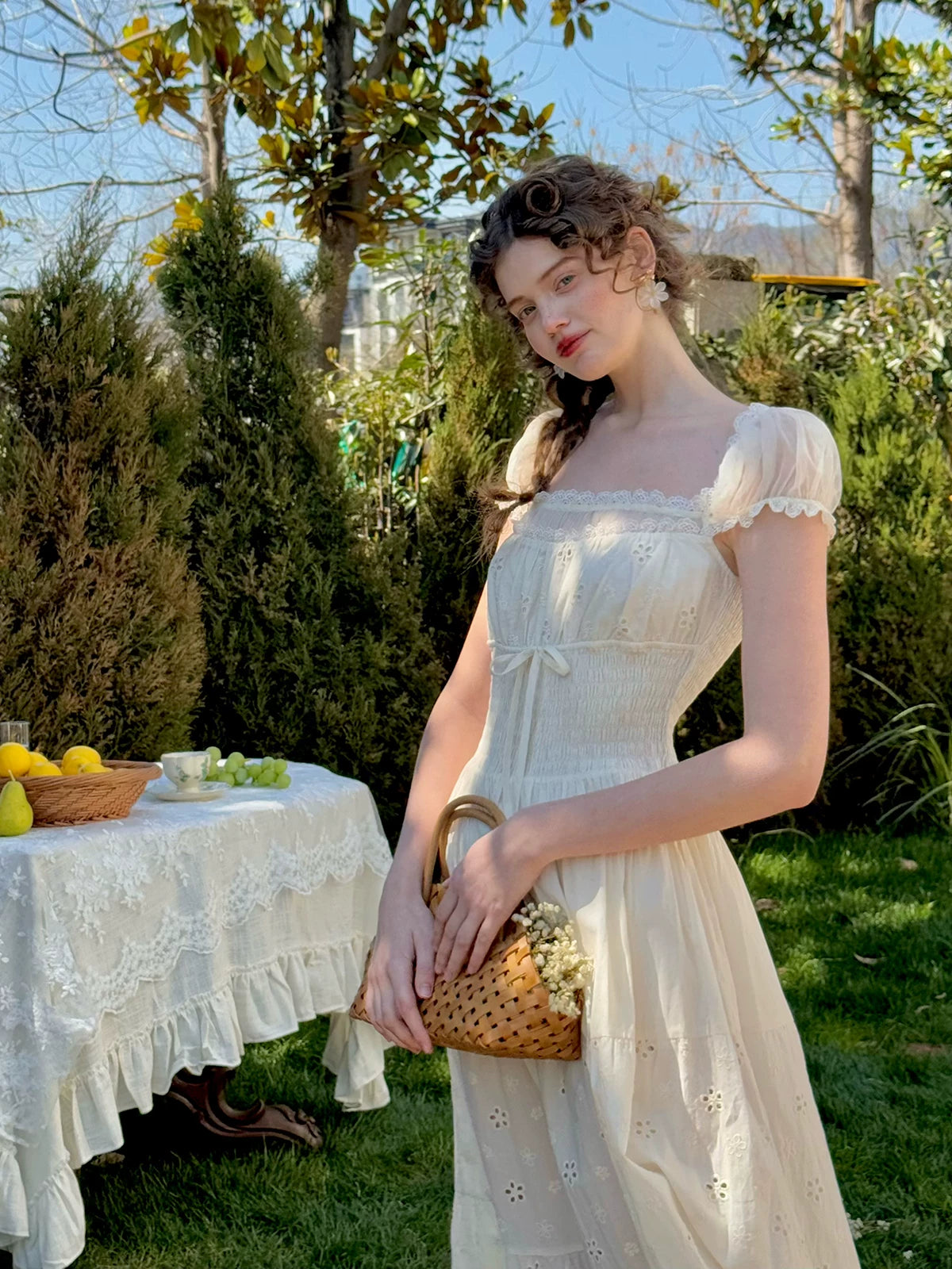 White Pastoral First-Love Cinched-Waist Dress