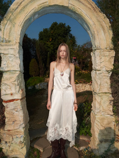 Lace Patchwork Plaid V-Neck Slip Dress