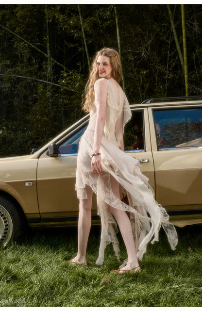 Ethereal Draped Chiffon Lace Asymmetric Dress