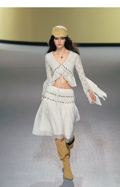 Vintage Sequin Lace V-Neck Blouse&amp; Tulle Skirt Set