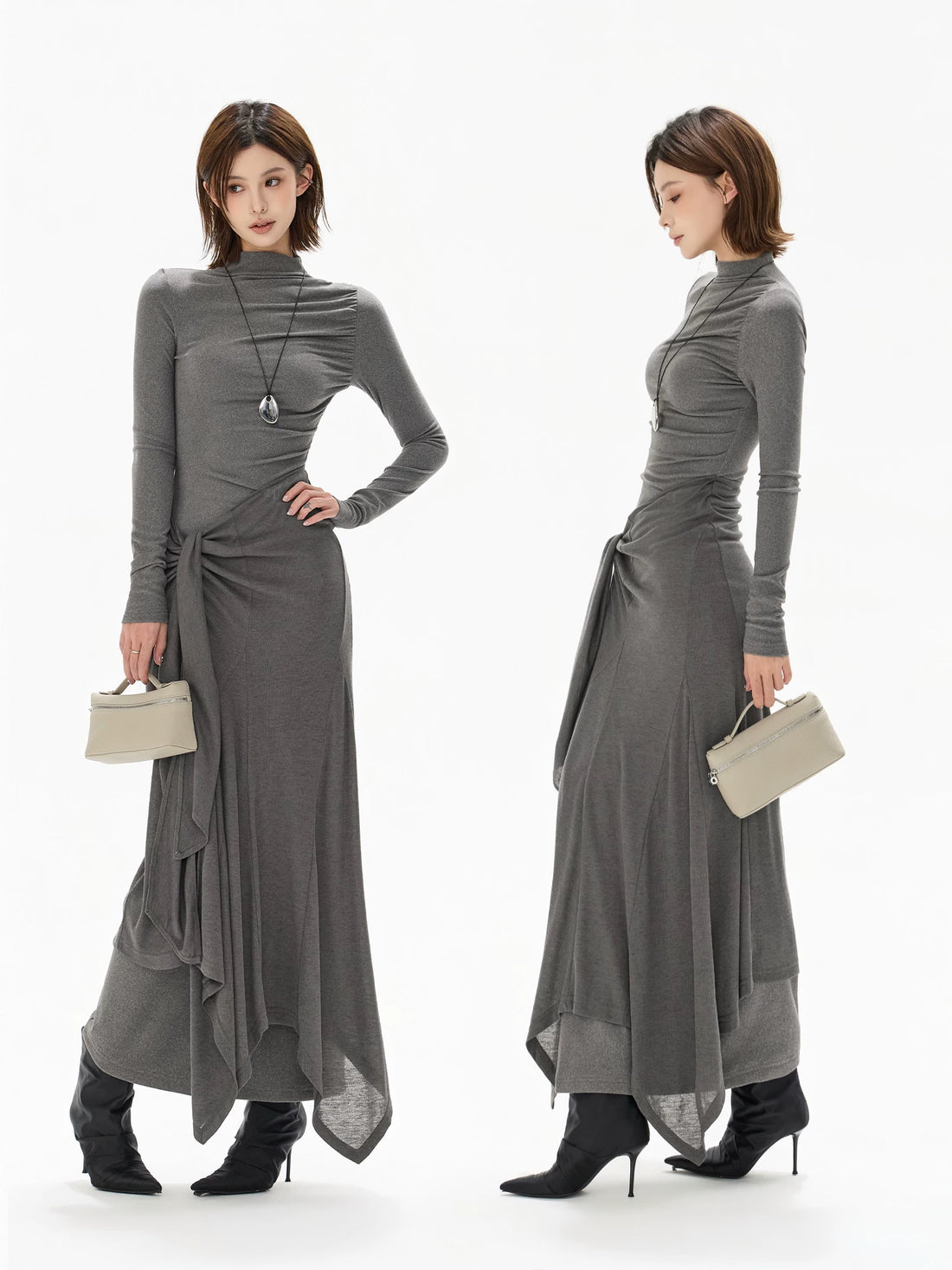 Half-High Neck Tie-Detail Knit Maxi Dress