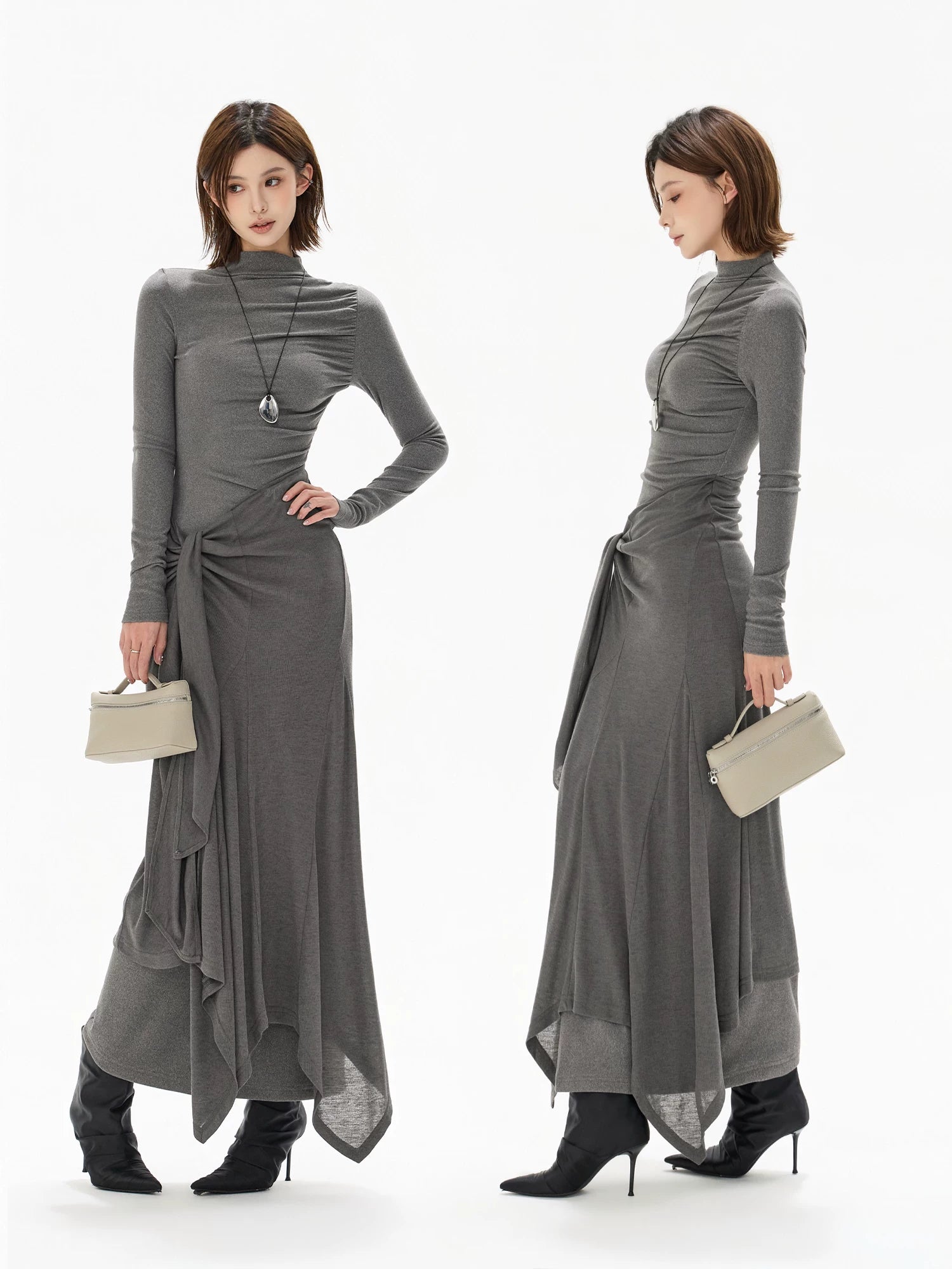 Half-High Neck Tie-Detail Knit Maxi Dress