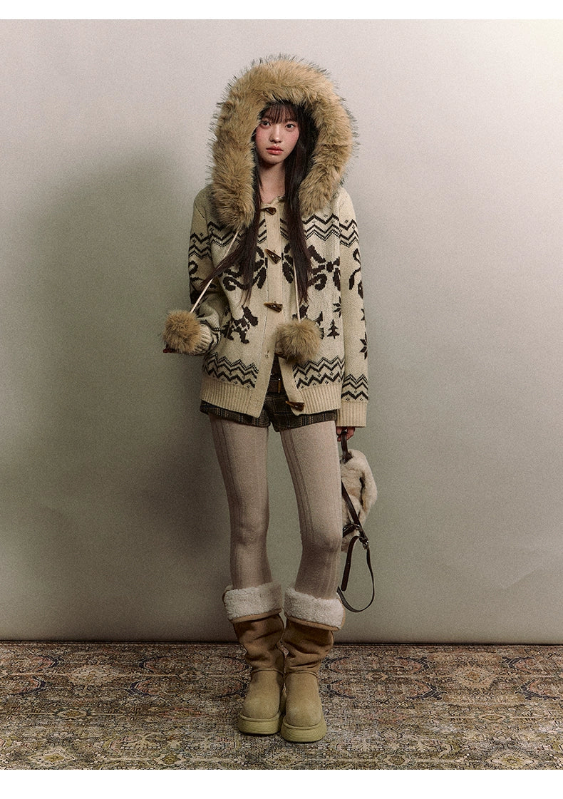 Fair Isle Fur Collar Toggle Buttons Knit Coat