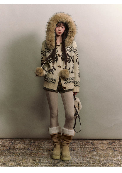 Fair Isle Fur Collar Toggle Buttons Knit Coat