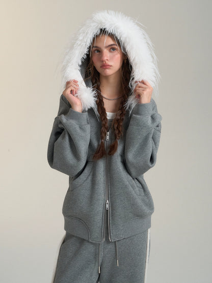 Detachable Fur Collar Double Zipper Hoodie