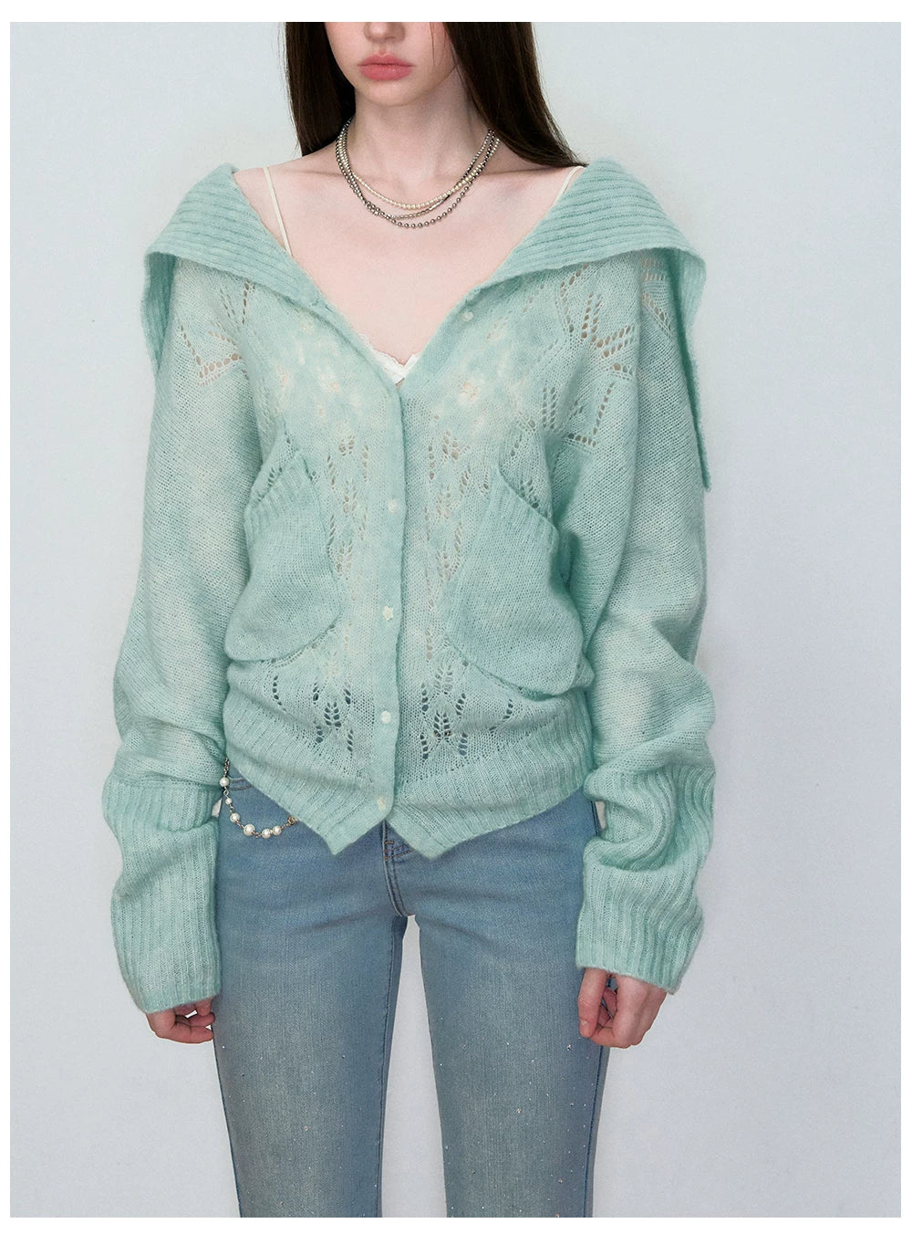 Cut-Out Collared Relaxed Wool Knit Cardigan
