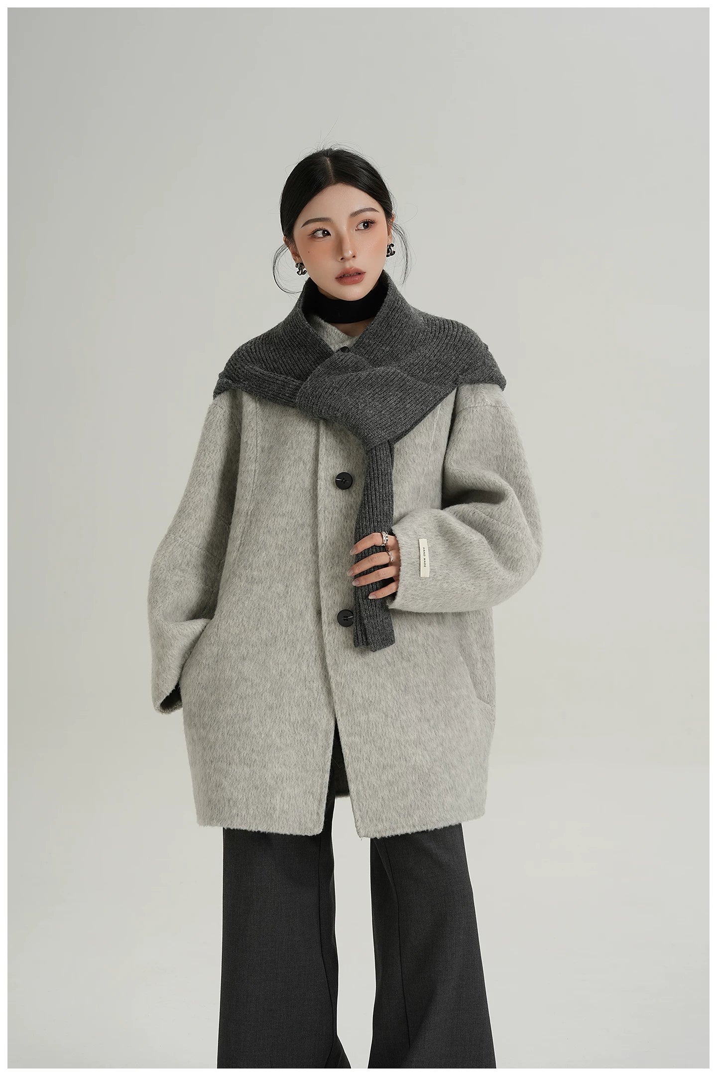 Knitted Hooded Scarf Mid-Length Wool Coat