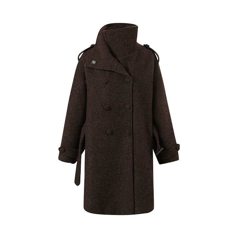 Stand-Collar Bouclé Wool Long Coat