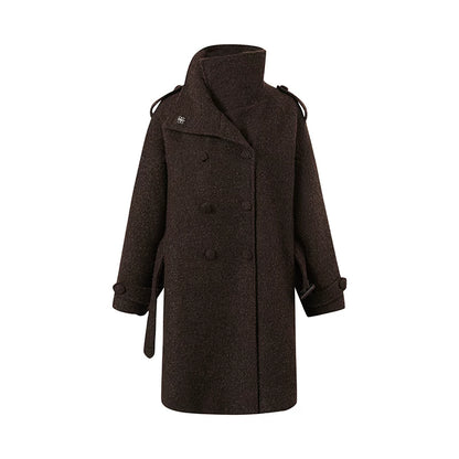 Stand-Collar Bouclé Wool Long Coat