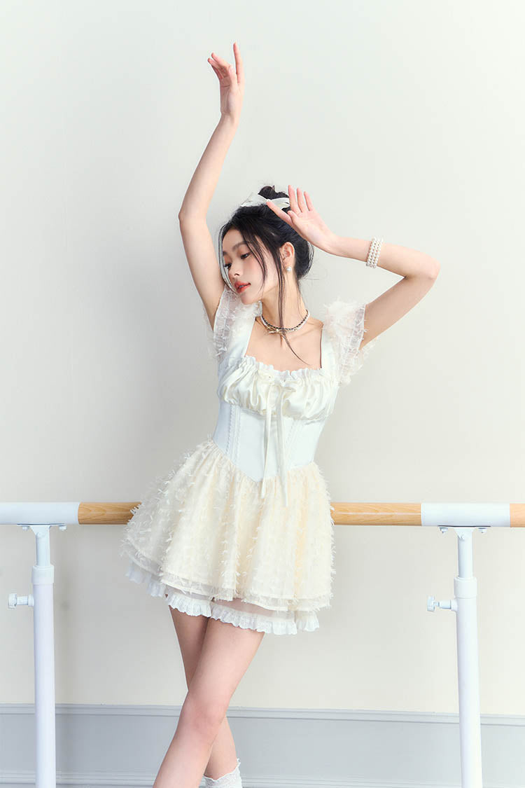 Ballet White Puffy High Waist Mini Dress - CHINASQUAD