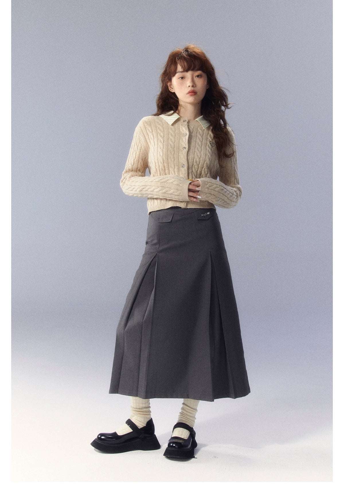 Gray A-line Pleated Suit Skirt - CHINASQUAD