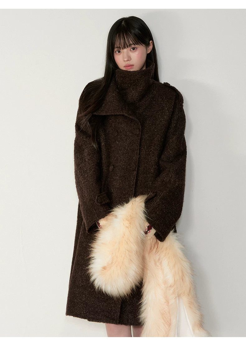 Stand-Collar Bouclé Wool Long Coat