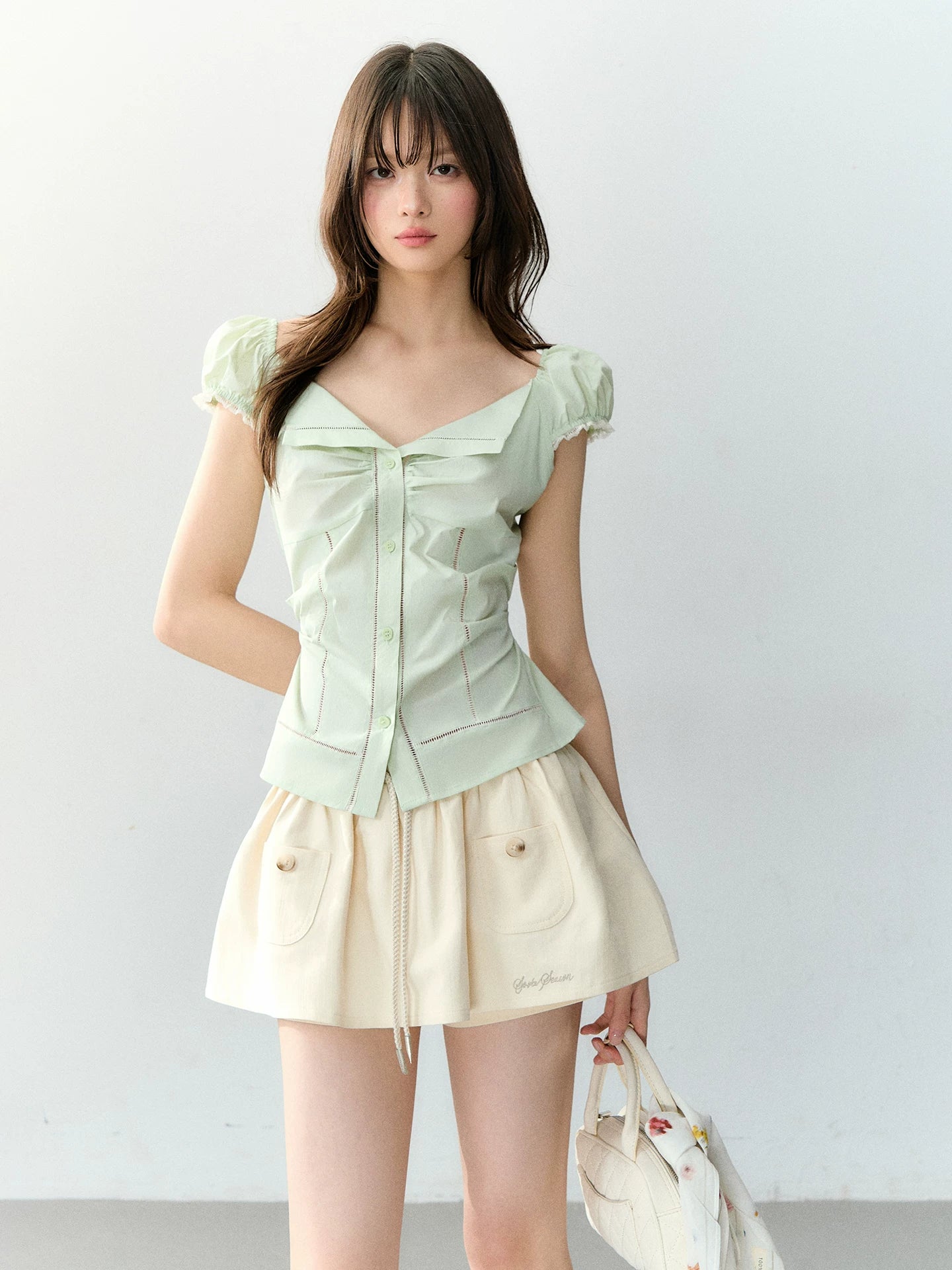 Polka Dot Lace Tie Waist Blouse