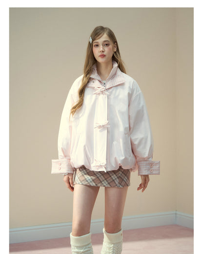 Pink Bow Check Down Jacket