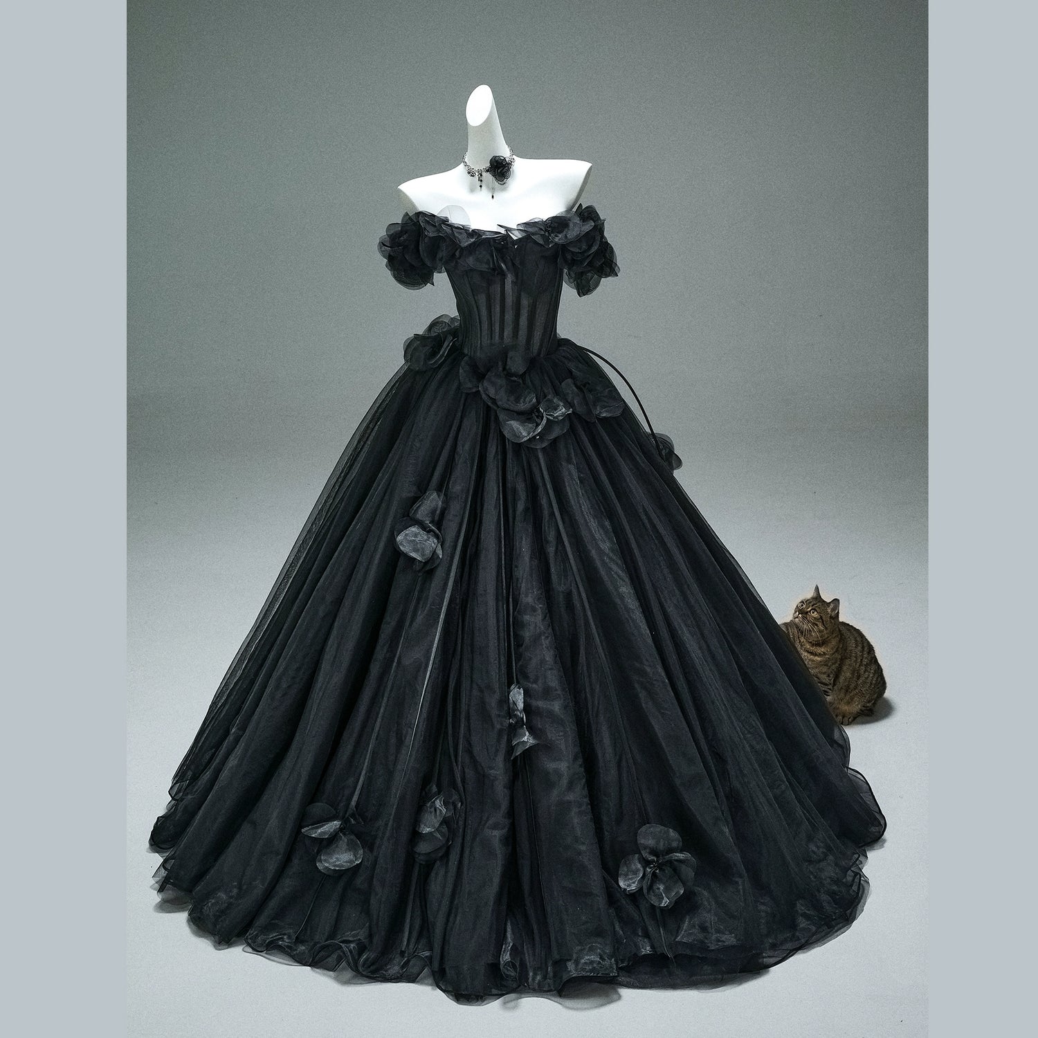 Nightfall Black Tulle Ball Gown with Floral Accents