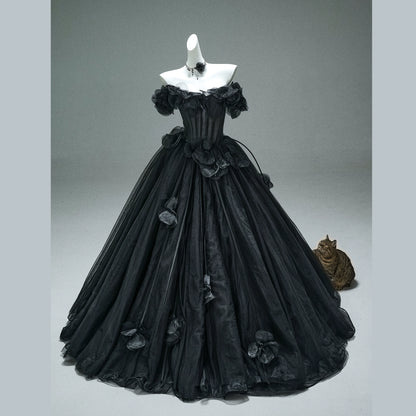 Nightfall Black Tulle Ball Gown with Floral Accents