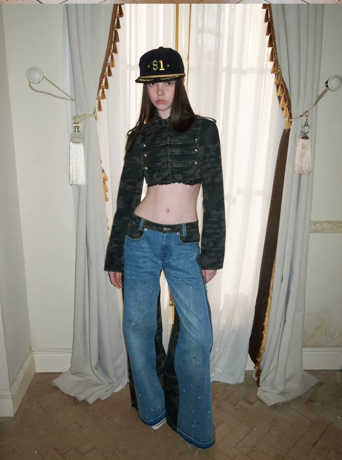 Camouflage Patchwork Denim Straight-Leg Jeans