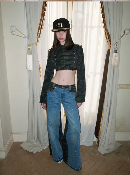 Camouflage Patchwork Denim Straight-Leg Jeans