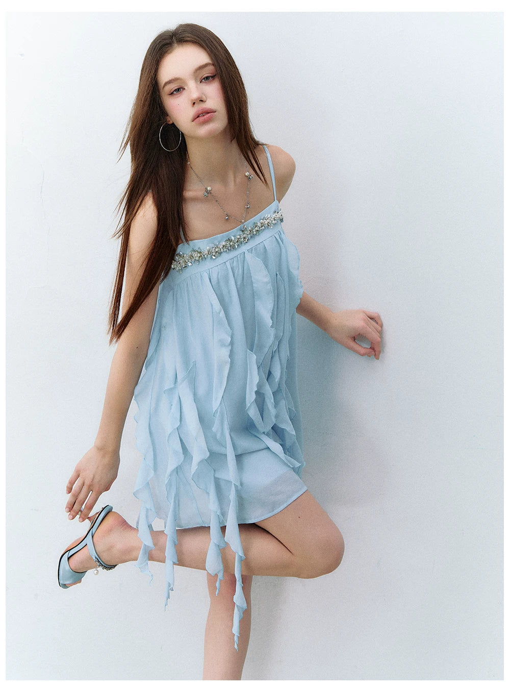 Beaded Trim Flowing Acetate Slip Dress