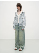 Vintage Burnt-Edge Printed Washed Denim Pants - CHINASQUAD