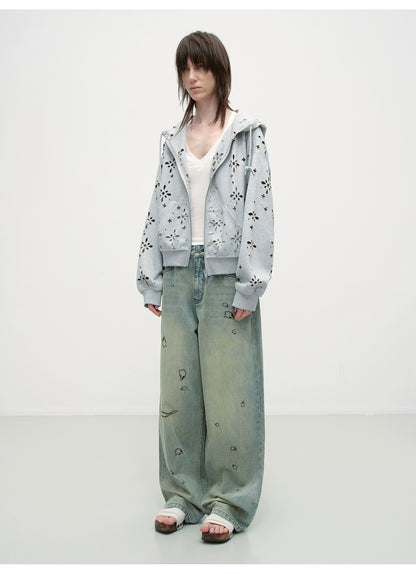 Vintage Burnt-Edge Printed Washed Denim Pants - CHINASQUAD