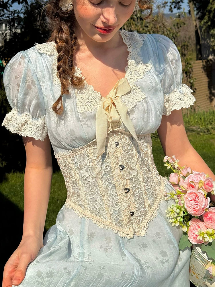 Fresh Baby Blue Lace Short-Sleeve Dress