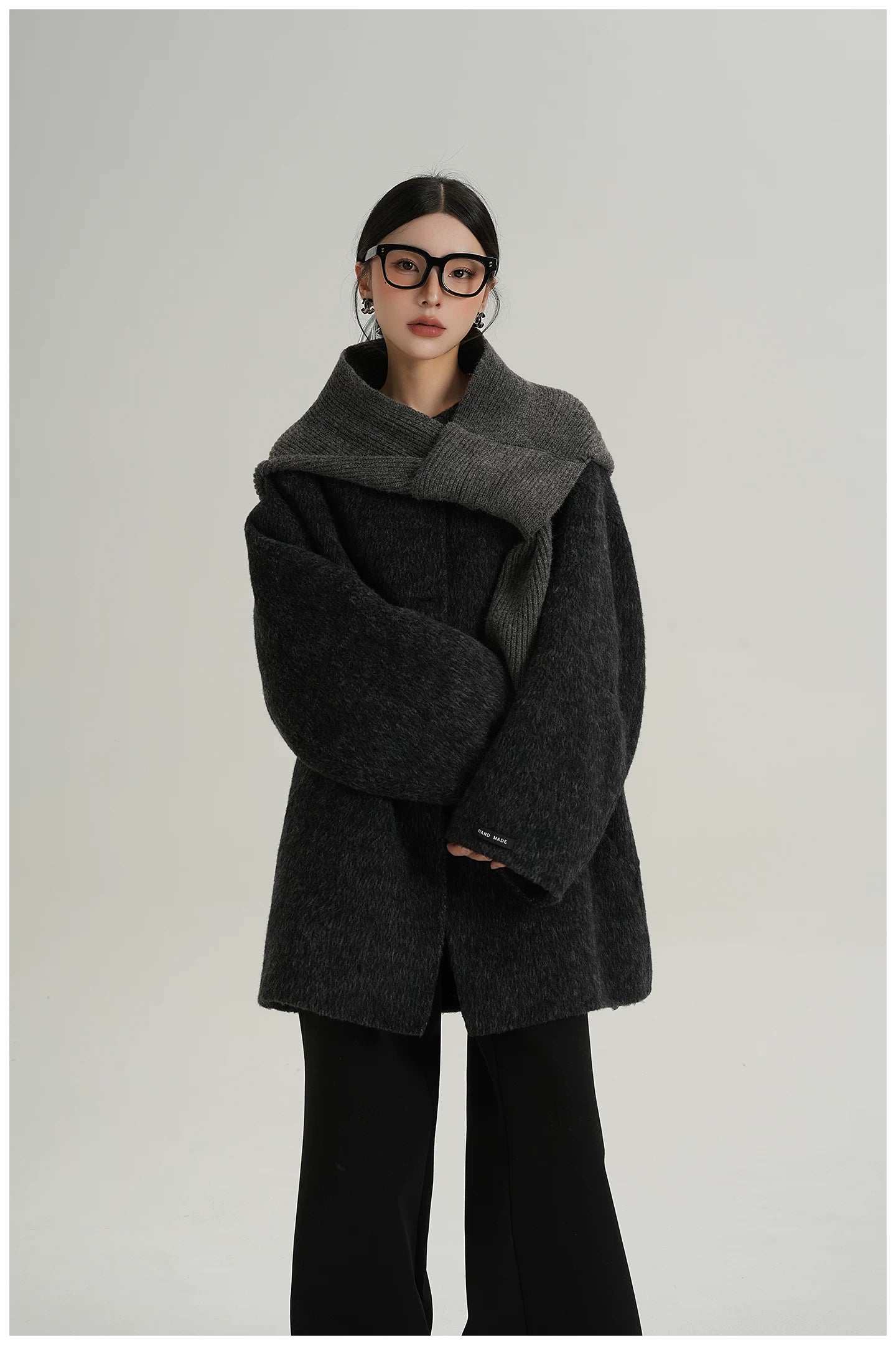 Knitted Hooded Scarf Mid-Length Wool Coat