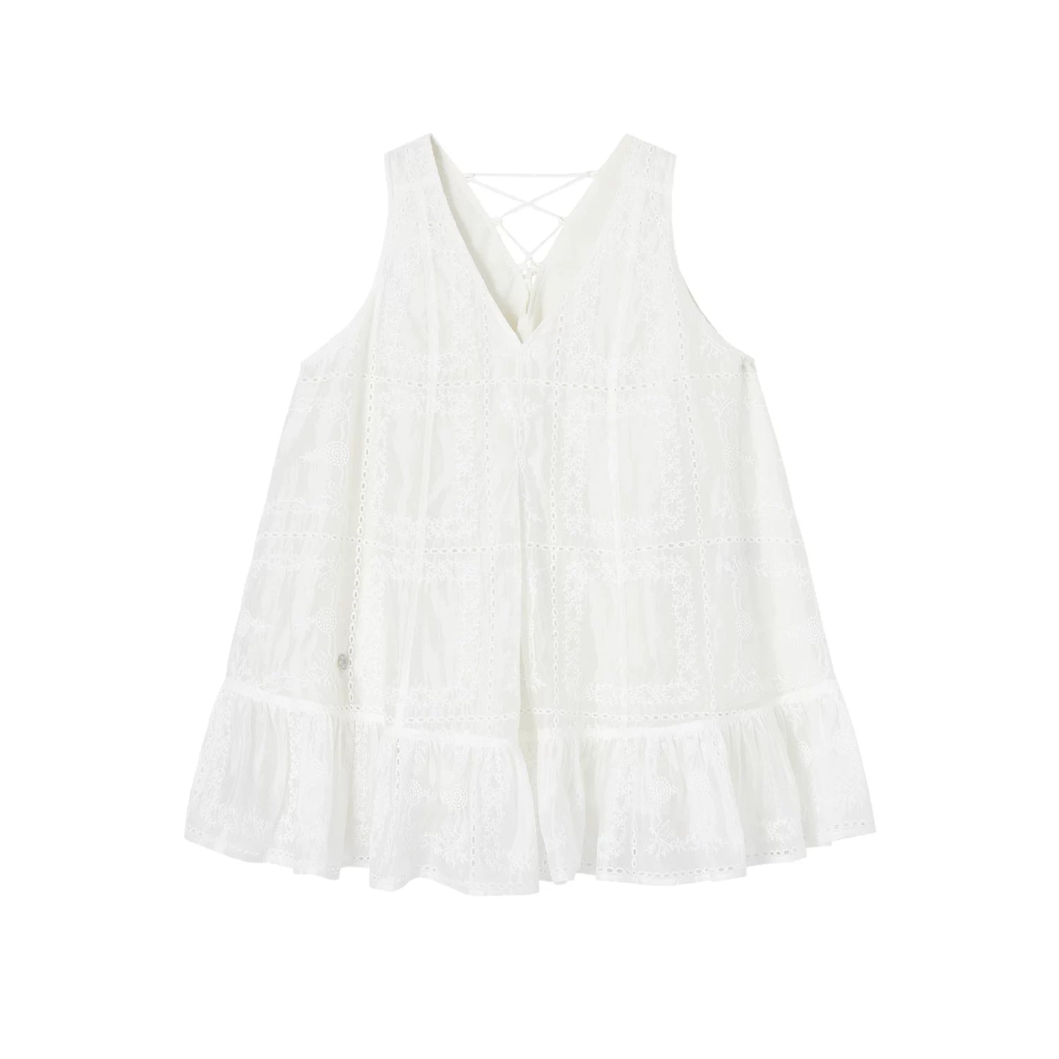 Embroidered Ruffle Trim Sleeveless Dress