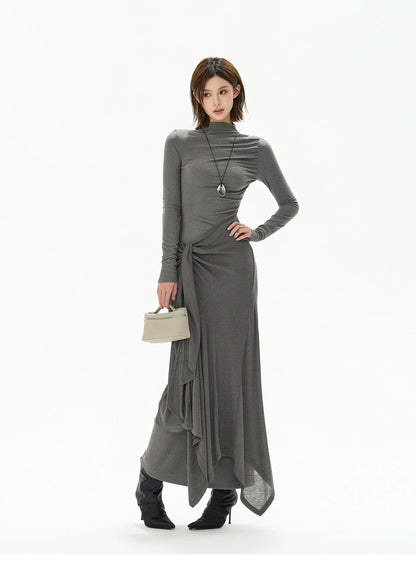 Half-High Neck Tie-Detail Knit Maxi Dress