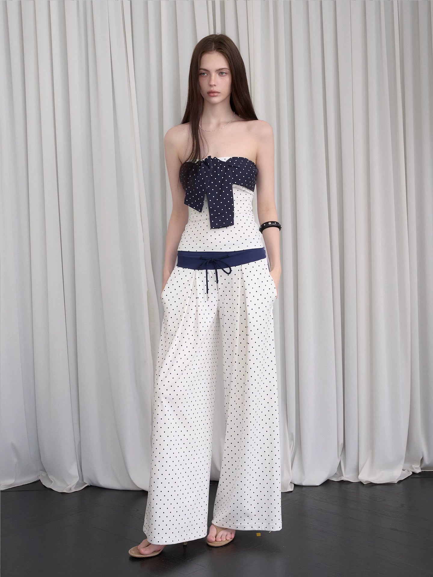 Polka-Dot Bandeau Top &amp; Straight-Leg Pants Set