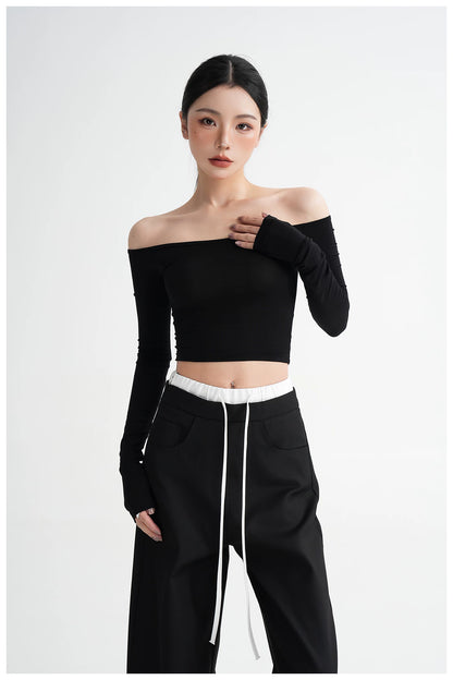 Off-Shoulder Cropped Fitted Long Sleeve T-Shirt