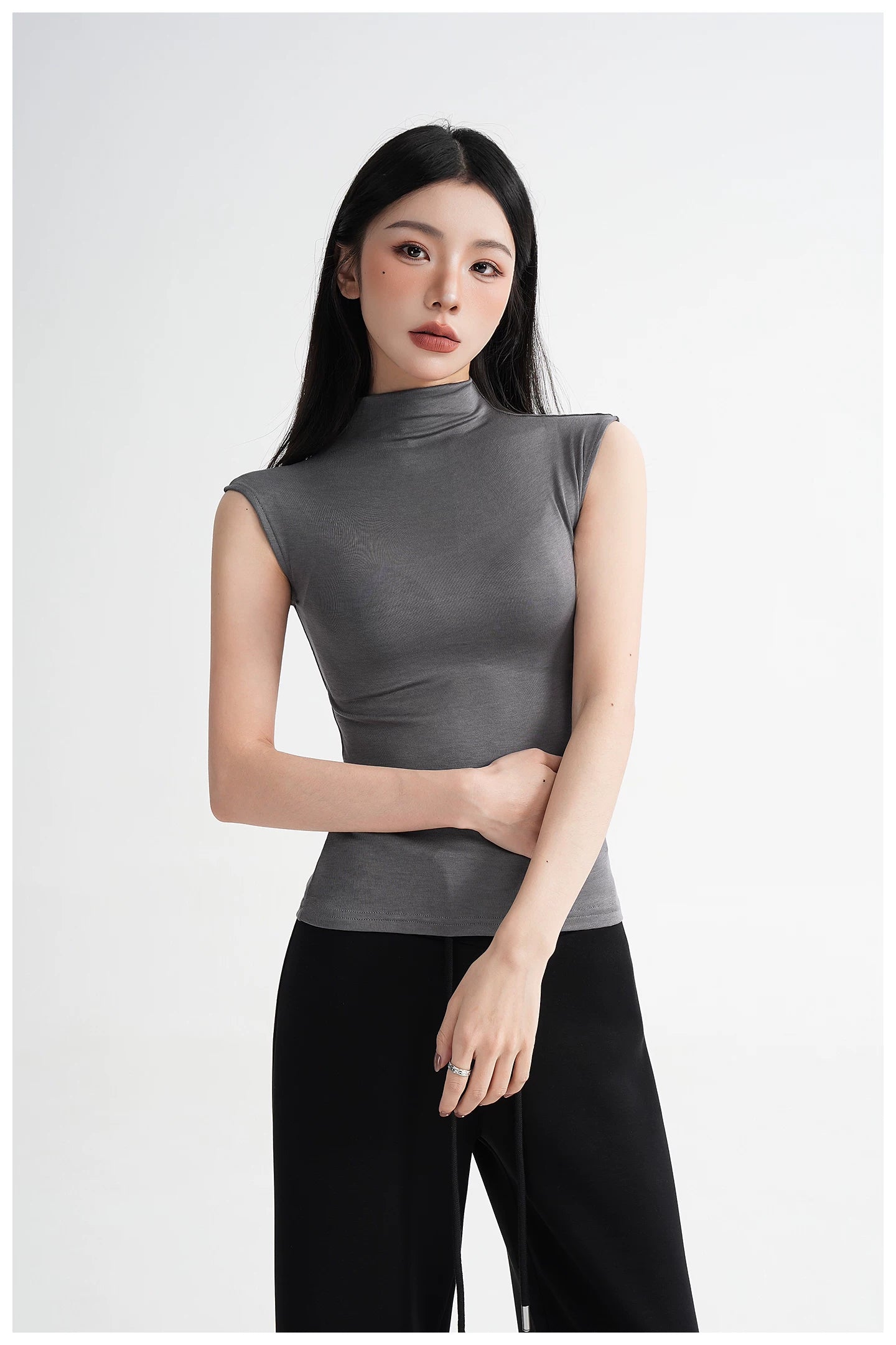 Silk Lyocell High-Neck Sleeveless Fitted T-Shirt